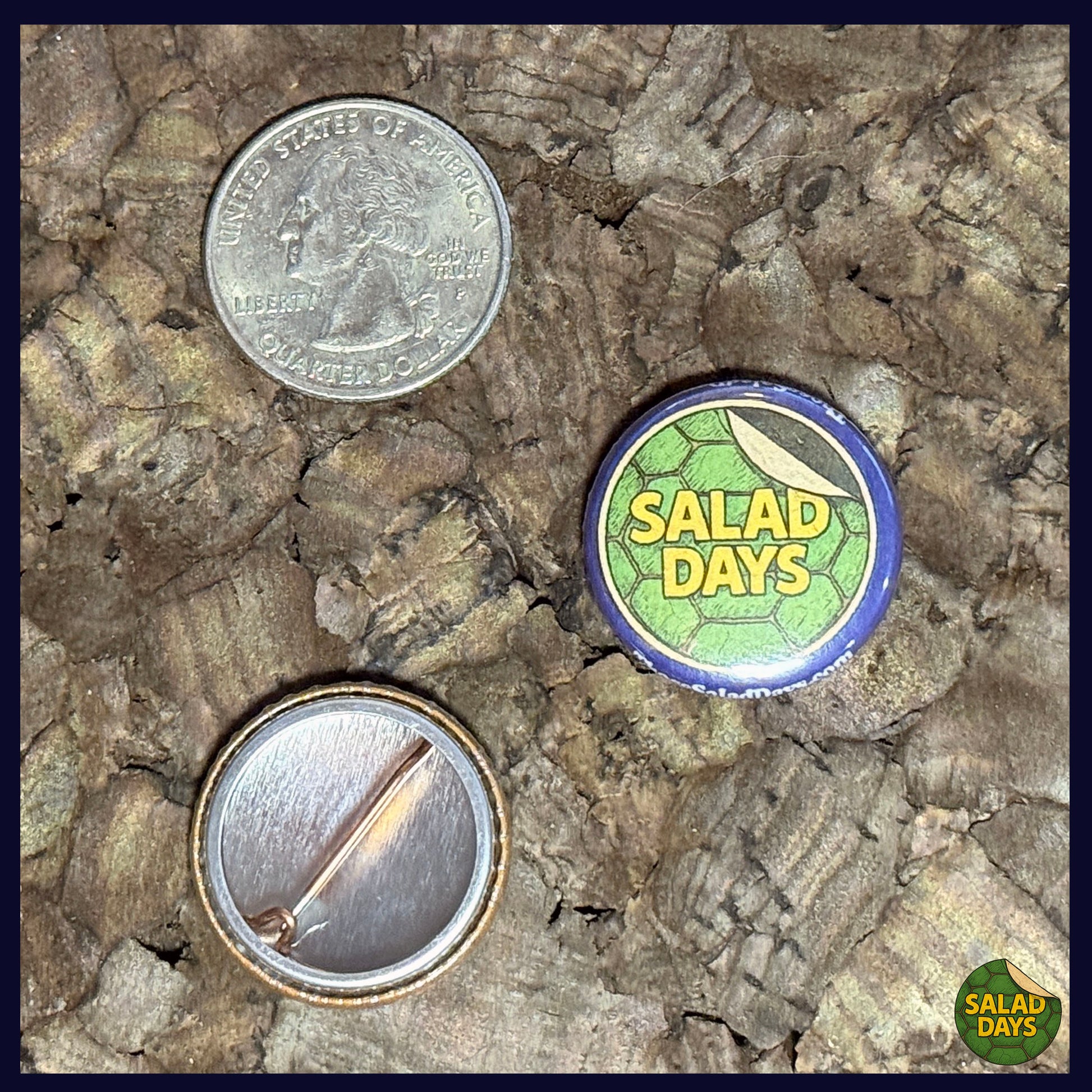 Two buttons on a textured surface, one labeled 'Salad Days' with a coin for scale showing the 1" button size.