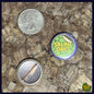 Two buttons on a textured surface, one labeled 'Salad Days' with a coin for scale showing the 1" button size.